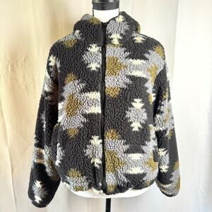 C & C California Plush Fleece Sherpa Style Zip Black Aztec Hooded Sz L Jacket